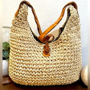 Eddie Bauer XL Leather and Woven Straw Hobo Bag/Shoulder Bag